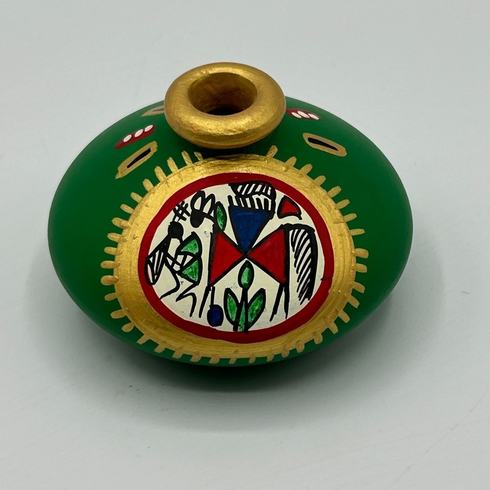 Terracotta Hand Painted Flat Warli Miniature Vase Green‎ Gold Indian Tribal Art